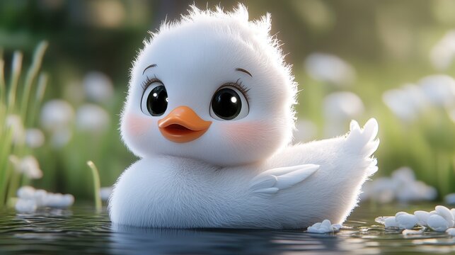 Delightful swan in a whimsical garden setting, capturing the essence of dark fantasy in enchanting 3D artistry