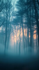 Fototapeta premium An Atmospheric Digital Photograph Depicting A Serene Forest At Dawn, Cool Blues And Oranges Dominating The Palette, Fog Softly Clinging To The Trees, A Shallow Depth Of Field Drawing.