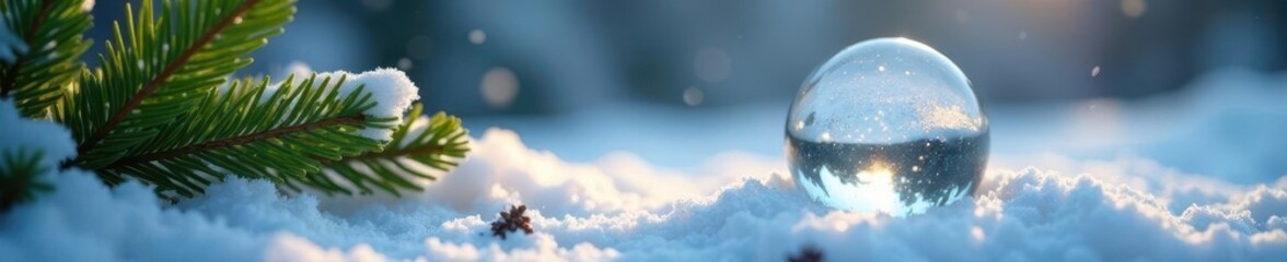 Fototapeta premium Sparkling glass sphere rests on snow-covered ground amidst evergreen branches, glass, snowy
