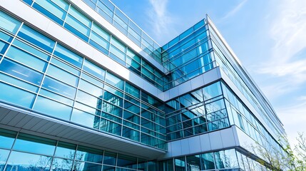 Obraz premium Modern Office Building with Glass Facade Against Blue Sky