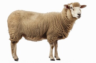 Fototapeta premium Stout sheep with a dense wool coat standing alert, isolated on a white background.