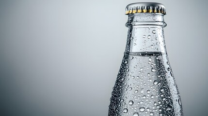 Pure Refreshment: A close-up shot of a refreshing glass bottle filled with clear water, adorned with glistening water droplets, epitomizing purity and quenching thirst.