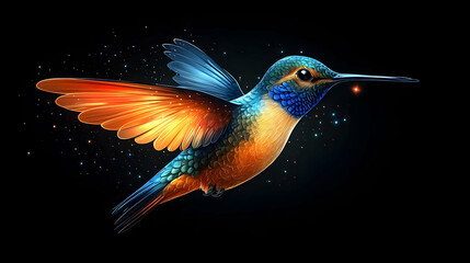Colorful Hummingbird In Flight Against Dark Background