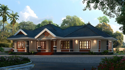 Modern Beige House with Brown Roof and Lush Green Landscaping