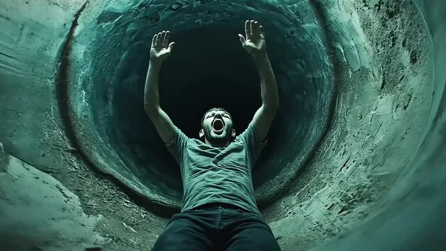 A person screaming in fear while falling into a dark, circular tunnel, evoking a sense of despair