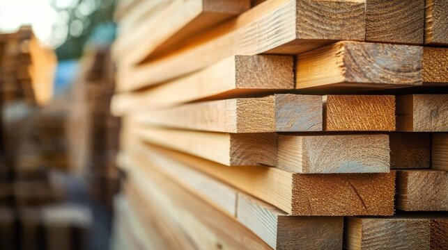 Wooden planks stacked neatly in a lumberyard highlight the backbone of construction and woodworking craftsmanship