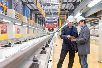 Electric train technician engineer with blueprints checking controls system for security functions in maintenance infrastructure plant of sky train, public transportation vehicle,Teamwork management