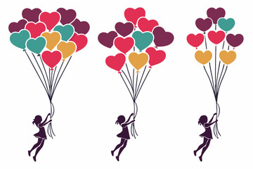 holding heart shaped balloons Silhouette vector illustration