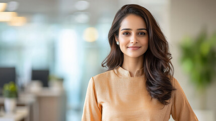 Indian woman walking confidently through a modern office space, dressed in a sleek and stylish office outfit.