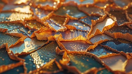 Glistening Autumn Mosaic: Wet, Decaying Leaves with Golden Edges and Reflective Surfaces