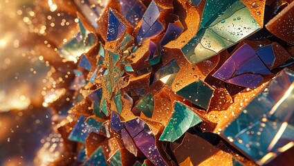 Abstract macro of shattered crystal with gold filling; water droplets and sparkling bokeh