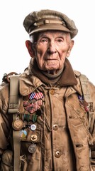 Obraz premium An elderly veteran with a solemn expression, adorned with military decorations, captures the enduring spirit of service.