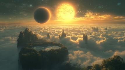 Planet above clouds. Sun and dark planet over soft clouds. Fantasy landscape. Dreamy scene with floating land. Peaceful light and colors.