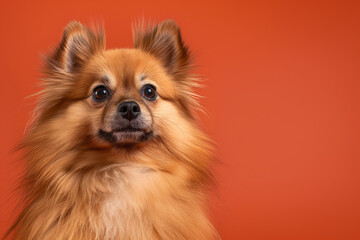 Obraz premium Pomeranian dog on minimalistic colorful background with Copy Space. Perfect for banners, veterinary ads, pet food promotions, and minimalist designs.