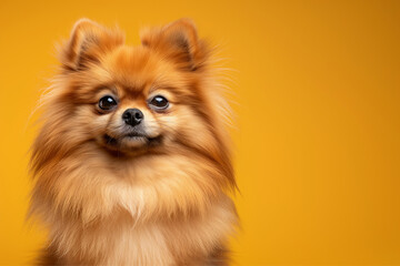 Obraz premium Pomeranian dog on minimalistic colorful background with Copy Space. Perfect for banners, veterinary ads, pet food promotions, and minimalist designs.
