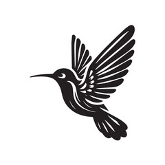Fototapeta premium Abstract black and white bird illustration with a silhouette of a hummingbird, crow, and sparrow in flight, featuring wings, beak, and feathers in a simple, cute, and artistic design
