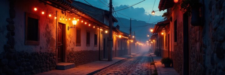 Naklejka premium Camino a la Puerta del Sol con luces y faroles, iluminaci?n, nacimiento