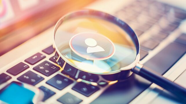 Close-up of laptop screen with search bar and magnifying glass icon, representing online privacy and data security concerns in digital age.