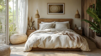 3D stylish bedroom with a neutral color scheme, cozy bedding, and natural wood accents