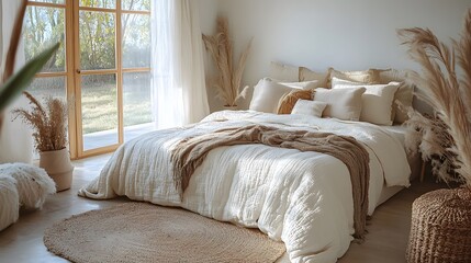 3D stylish bedroom with a neutral color scheme, cozy bedding, and natural wood accents