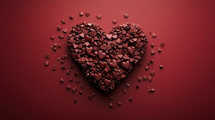 Delicious heart-shaped chocolate arrangement on a luxurious maroon backdrop showcasing culinary artistry and love infused designs