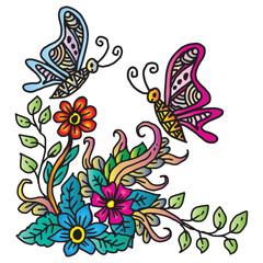 Beautiful hand drawn vector illustration with butterfly, flowers and leaves.