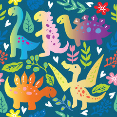 Seamless pattern with cute dinosaurs and flowers. Vector illustration.