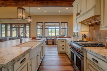 Fototapeta premium Spacious rustic kitchen with modern appliances, large island, and expansive windows offering picturesque mountain views