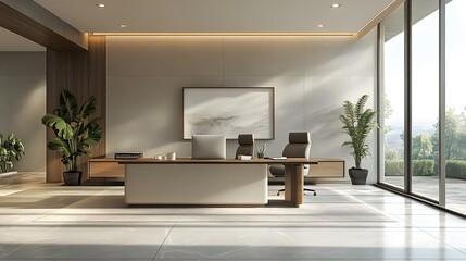 3D minimalist office space with clean architectural lines, neutral tones, and simple forms