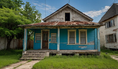 Weathered and empty suburban house overtaken by nature