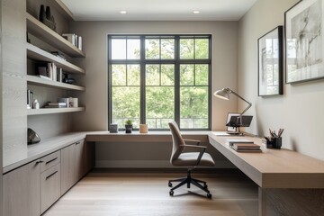 Fototapeta premium Elegant corner office with built-in shelving, large windows, and L-shaped desk overlooking garden view