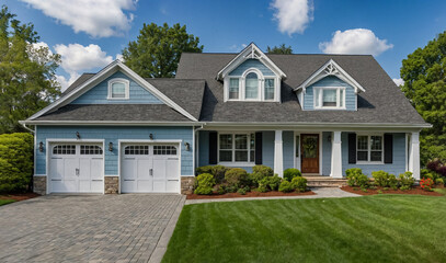 The exterior of a rustic suburban home with wood panel siding, stone accents, and a gravel driveway