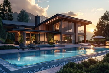 Detailed Color Picture of Luxury House with Swimming Pool at Sunset
