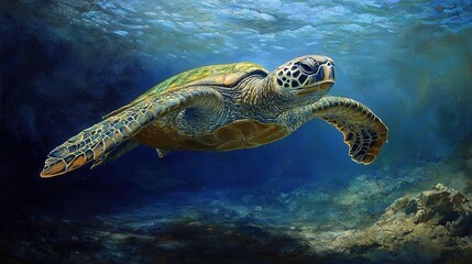 Fototapeta premium A majestic sea turtle glides through the deep blue ocean, its intricately patterned shell shimmering with mesmerizing detail against vibrant waves. Its gentle gaze leads onward into the aquatic expans