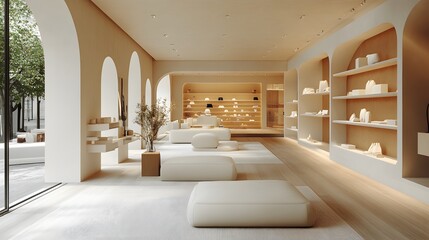 3D high-end fashion store with open shelving, neutral displays, and minimalist decor