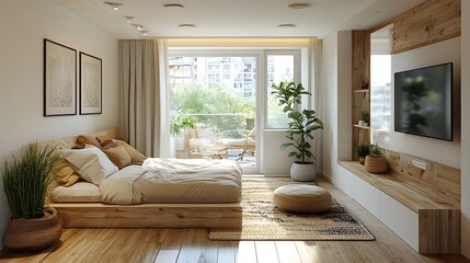 Fototapeta premium 3D compact studio apartment with built-in furniture, neutral colors, and an airy feel