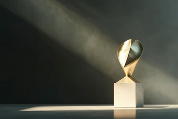 A modern, golden trophy placed on a sleek base with soft lighting casting dramatic shadows, symbolizing achievement and excellence in design.