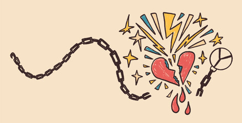 Rock girly crayon. Punk coquette breaking heart doodle background with copy space. Peace sing concept. Scribble grunge hand drawn broken chain and blinks elements. Vector pencil isolated illustration.