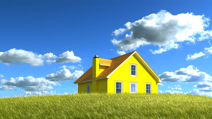 Bright Yellow House in a Flower Field Under a Sunny Sky