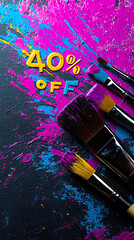 Fototapeta premium Art Supply Weekend Sale Banner with 40% Off Paint-Splatter Text 
