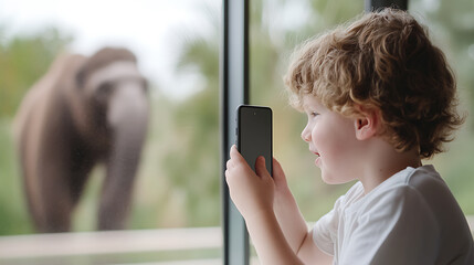 Child captivated by elephant at zoo photography playful environment close-up viewpoint connection with nature