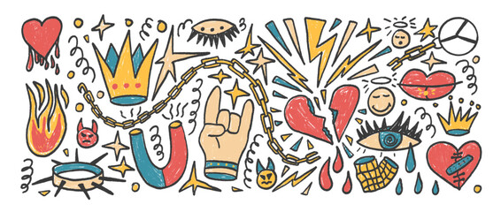 Rock n roll crayon set. Punk fire, heart y2k doodle background. Scribble grunge hand drawn break graffiti elements. Devil horns and crown pastel chalk poster. Vector marker illustration.
