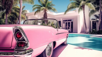 Luxurious Miami getaway showcasing a vintage pink muscle car parked by a tropical mansion with a sparkling pool under pastel skies