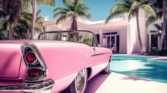 Luxurious Miami getaway showcasing a vintage pink muscle car parked by a tropical mansion with a sparkling pool under pastel skies