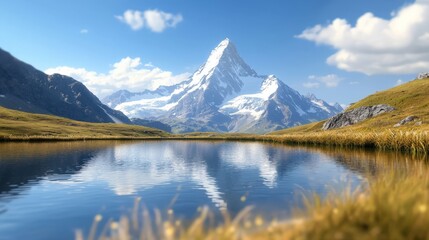 Mountain Scenery and Lakes - A peaceful mountain lake reflecting towering peaks and clear blue skies.