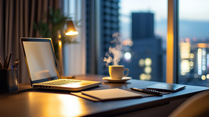 日本の高級ホテルのワークスペースで働くビジネスマン