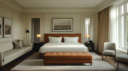 3D high-end hotel suite with muted accent walls, soft neutral fabrics, and elegant furniture