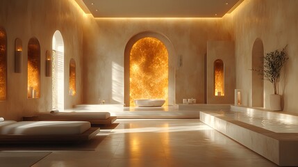 Fototapeta premium 3D relaxing spa interior with monochrome patterns, soft muted lighting, and warm textures
