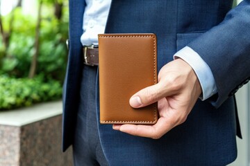 Elegant Businessman Holding a Leather Wallet in a City Setting with Greenery Background
