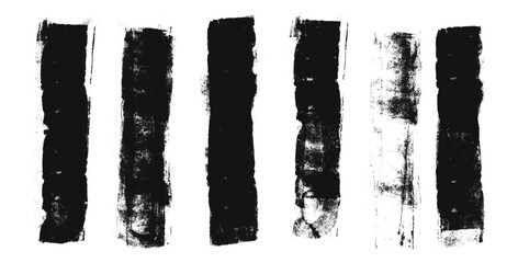 Straight thick grunge underlines. Linocut rolled brush stroke set. Handmade ink rectangle rough stamps. Vector black paint lines shapes. Dry marker or brayer smear textures. Distressed figures.
